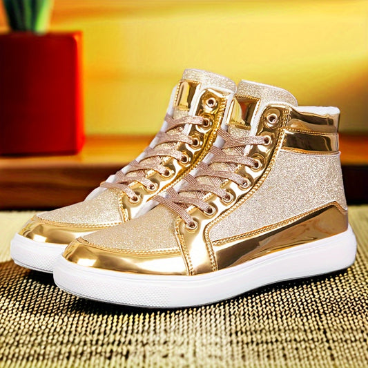 Glitter Gold Men's Shoes, Glitter High Top Fashionable Shiny Sports Shoes, Gold Party Casual Disco Men's Shoes, Silver Glittering Gold, Designer Retro