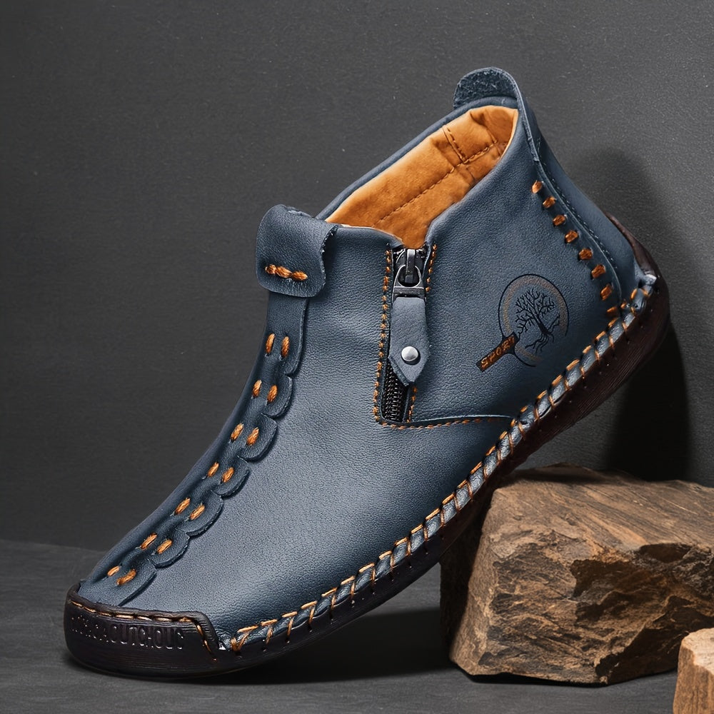 Men's Plus Size Outdoor Fashionable Men's Boots With Side Zipper, Hand Sewn Shoes Suitable For Practical Wear, Classic Men's Casual Shoes