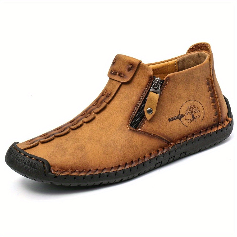 Men's Plus Size Outdoor Fashionable Men's Boots With Side Zipper, Hand Sewn Shoes Suitable For Practical Wear, Classic Men's Casual Shoes