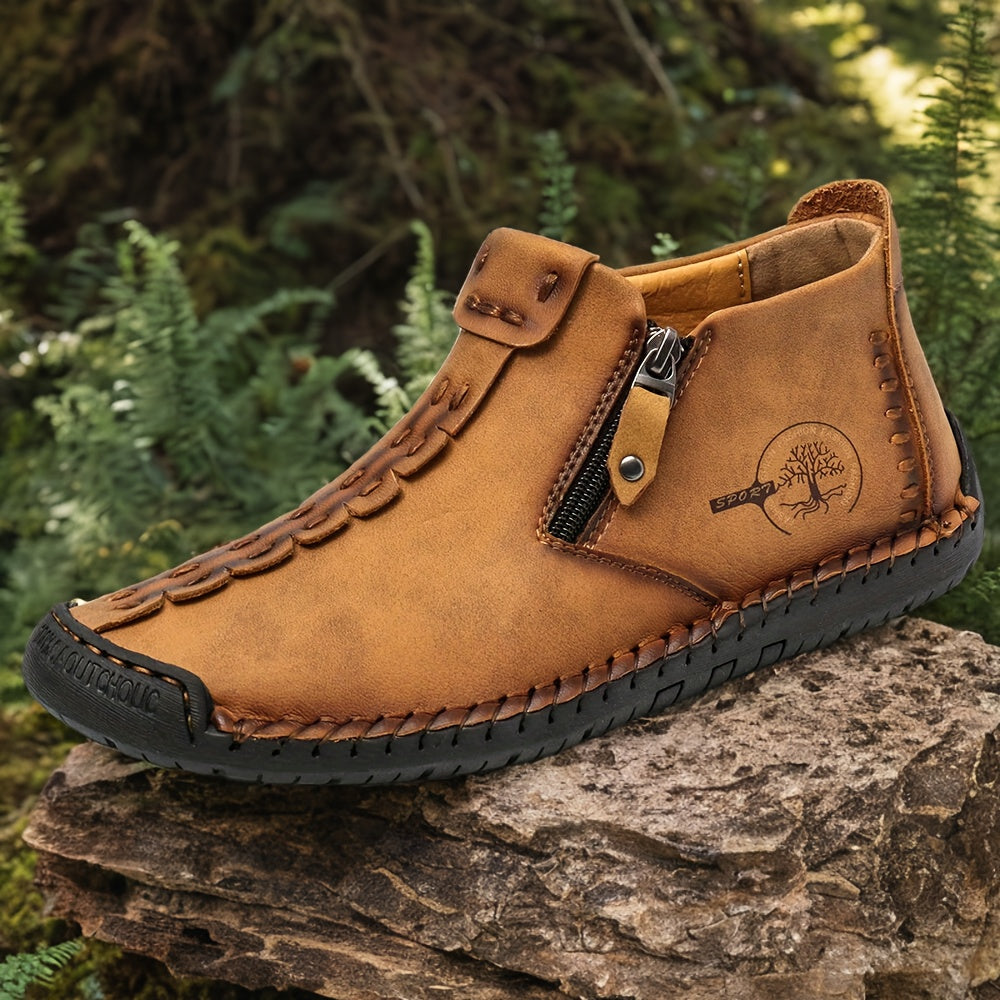 Men's Plus Size Outdoor Fashionable Men's Boots With Side Zipper, Hand Sewn Shoes Suitable For Practical Wear, Classic Men's Casual Shoes