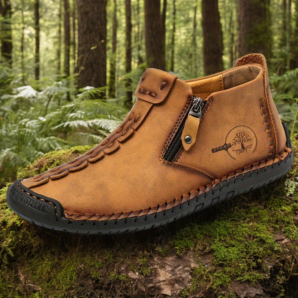 Men's Plus Size Outdoor Fashionable Men's Boots With Side Zipper, Hand Sewn Shoes Suitable For Practical Wear, Classic Men's Casual Shoes