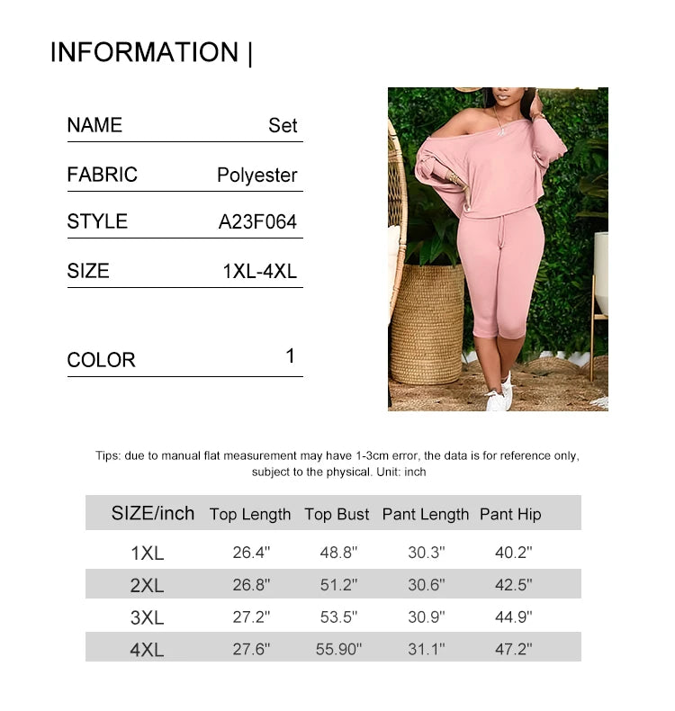 Plus Size Oblique Shoulder Top & Skinny Capri Pants Set