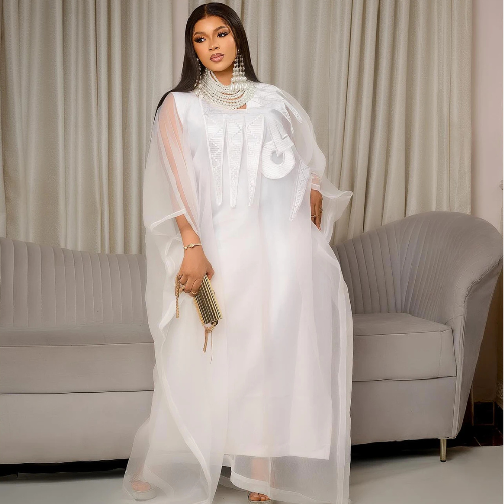 African Attire For Women White Abaya Embroidery Plus Size Elegant Dress