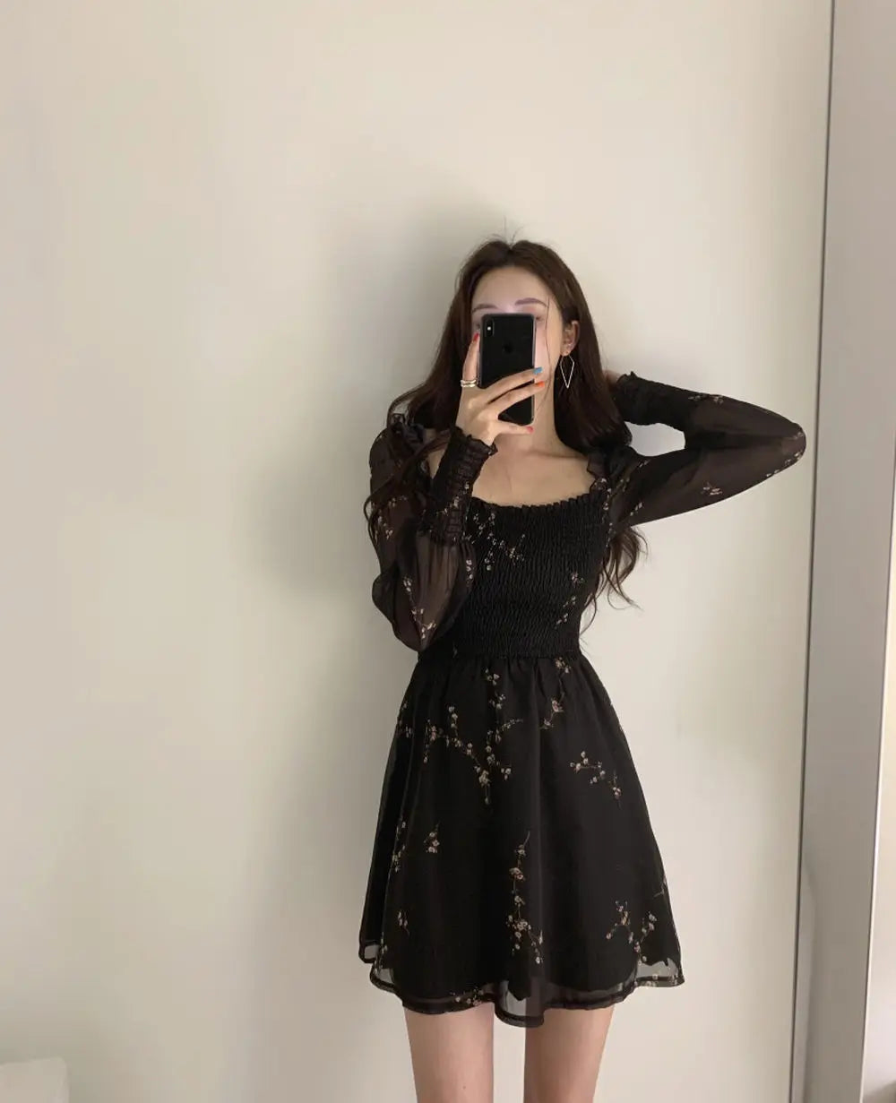 Spring Womens Sexy Black Dress Vintage Flower Long Puff Sleeve Chiffon Dresses Korean Casual Mini Vestidos Mujer Clothes 13676