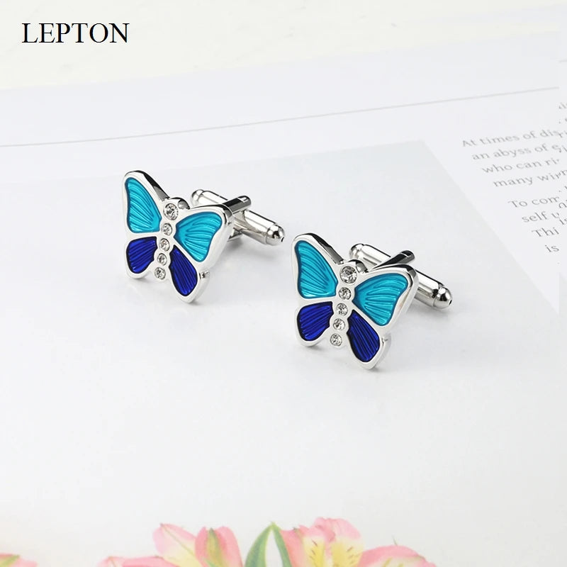 Mens high quality crystal cuff links wedding groom gifts for Free shipping blue butterfly Cufflinks Man shirt cuffs cufflink