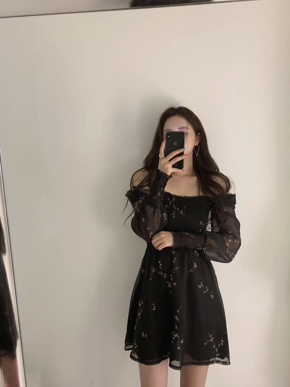 Spring Womens Sexy Black Dress Vintage Flower Long Puff Sleeve Chiffon Dresses Korean Casual Mini Vestidos Mujer Clothes 13676