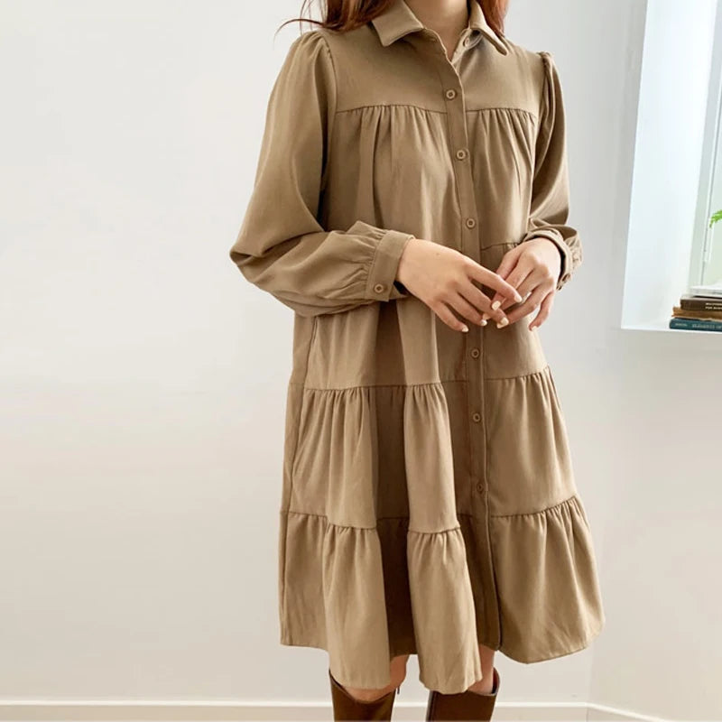 2025 Spring Women Casual Shirt Dresses Loose Office Lady Work Vestidos Soild Color Plus Size 4XL Female Pleated Dress Robe KE211