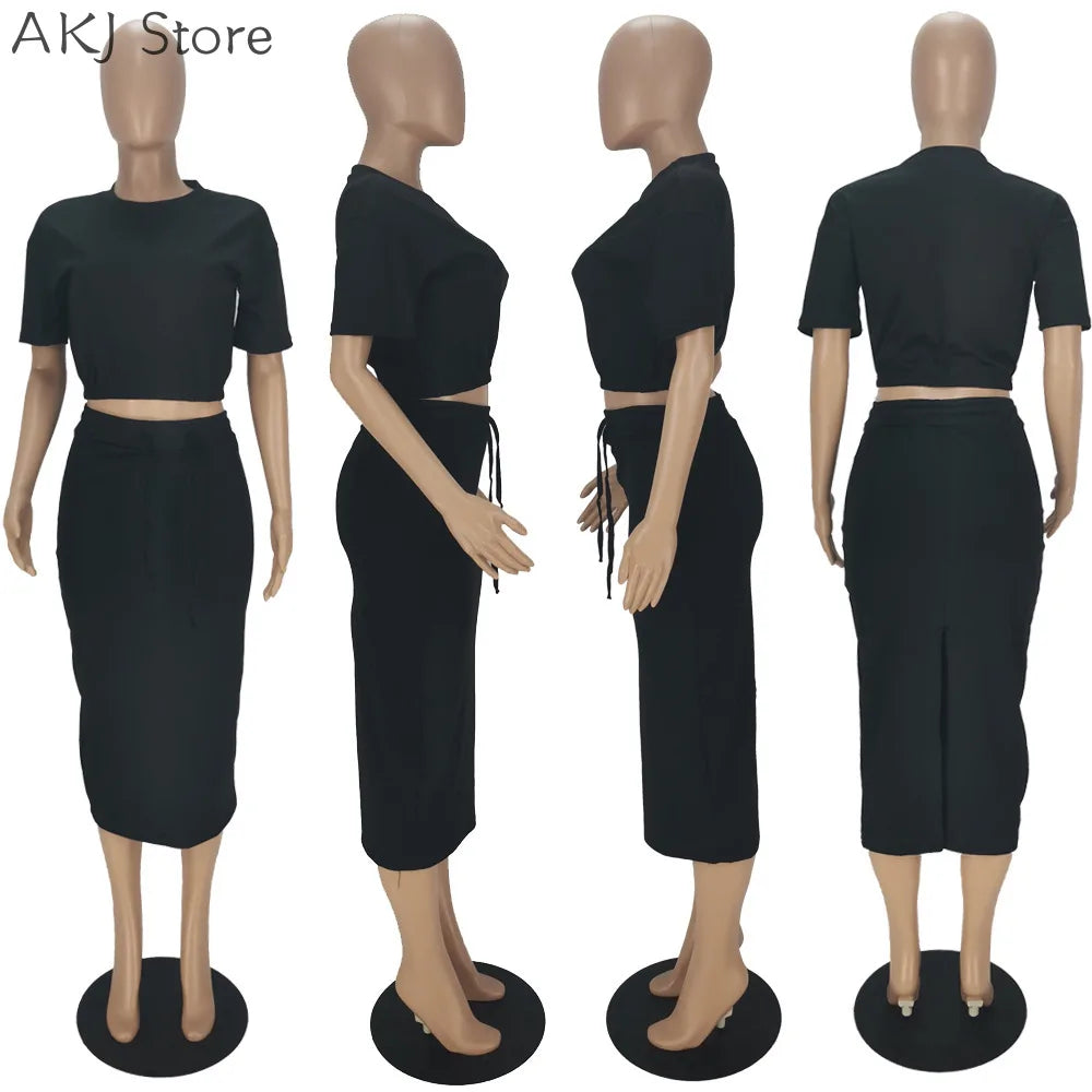 Summer Women Solid Crop Top & Split Back Skirt Set