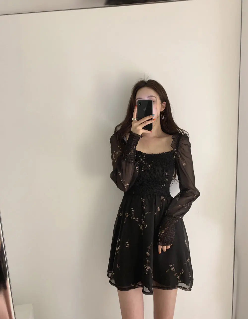 Spring Womens Sexy Black Dress Vintage Flower Long Puff Sleeve Chiffon Dresses Korean Casual Mini Vestidos Mujer Clothes 13676