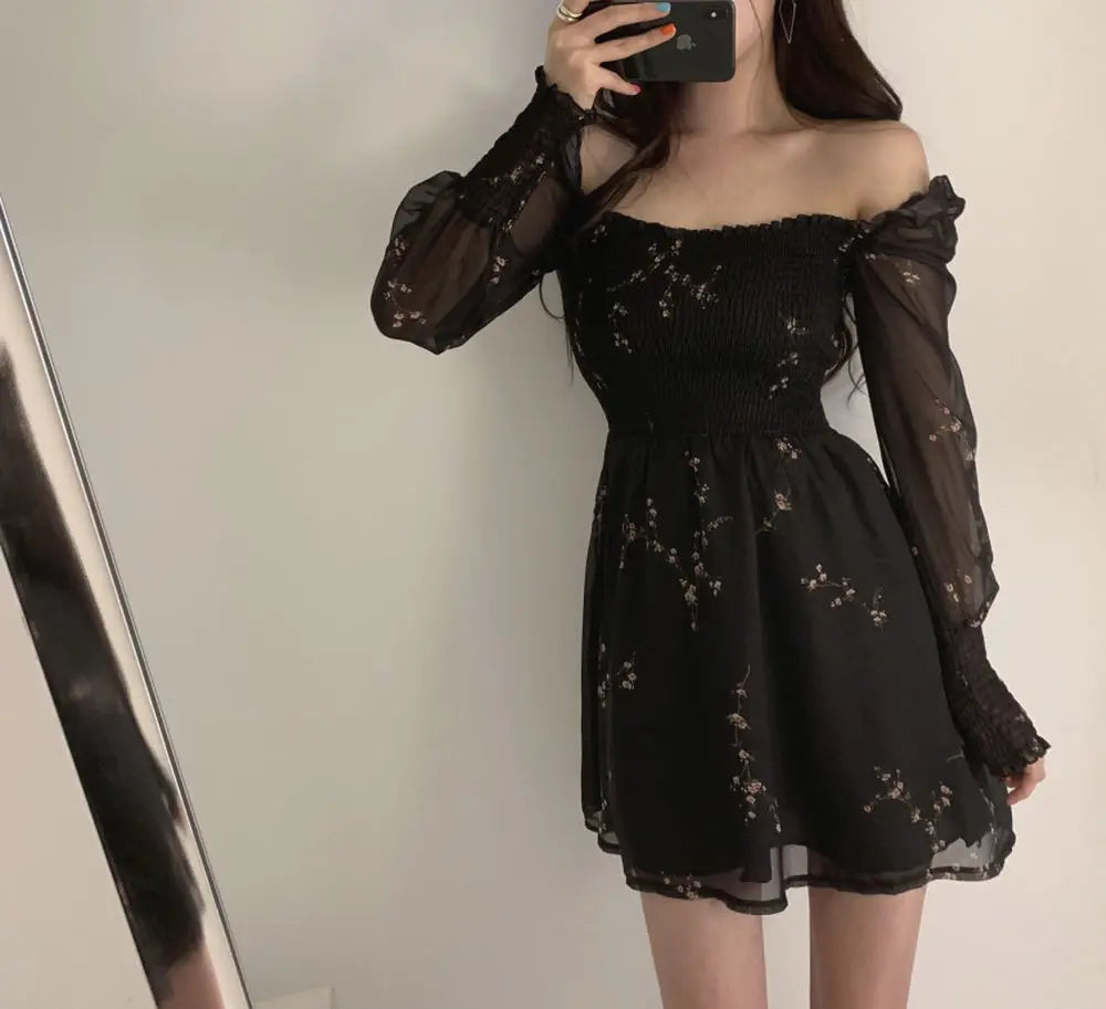 Spring Womens Sexy Black Dress Vintage Flower Long Puff Sleeve Chiffon Dresses Korean Casual Mini Vestidos Mujer Clothes 13676