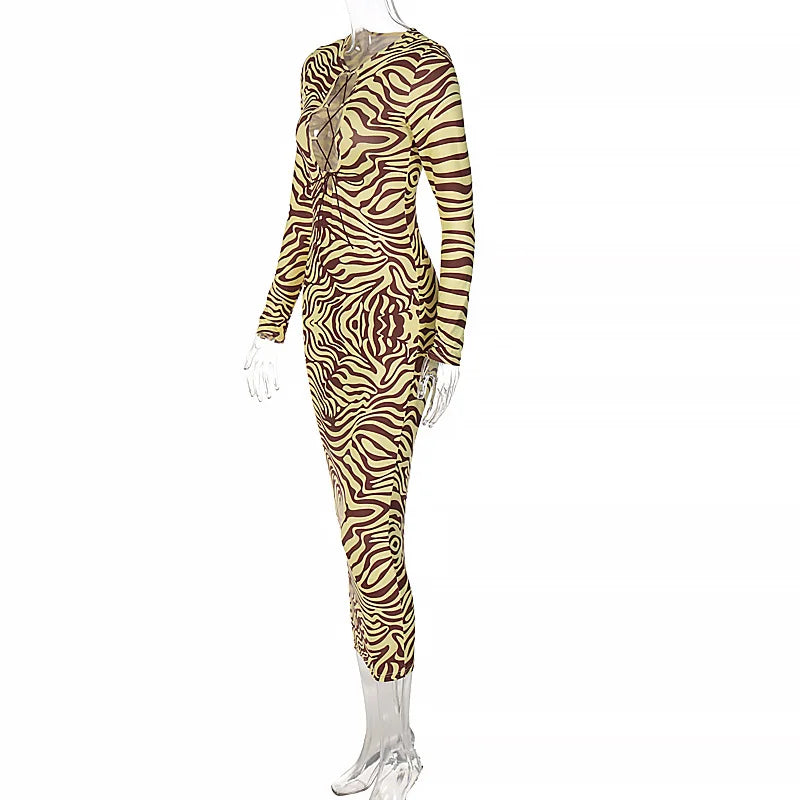 Shestyle Zebra Print Yellow Pencil Long Dresses Women V Neck Corss Hollow OUt Bandage Sexy Bodycon Party Wear Christmas Outfit