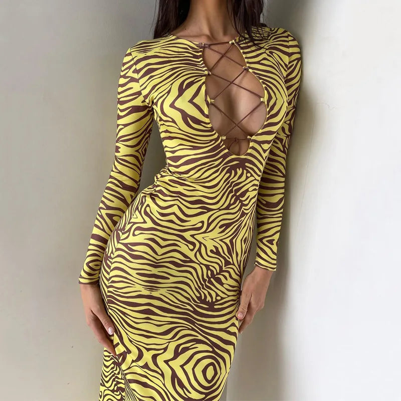 Shestyle Zebra Print Yellow Pencil Long Dresses Women V Neck Corss Hollow OUt Bandage Sexy Bodycon Party Wear Christmas Outfit