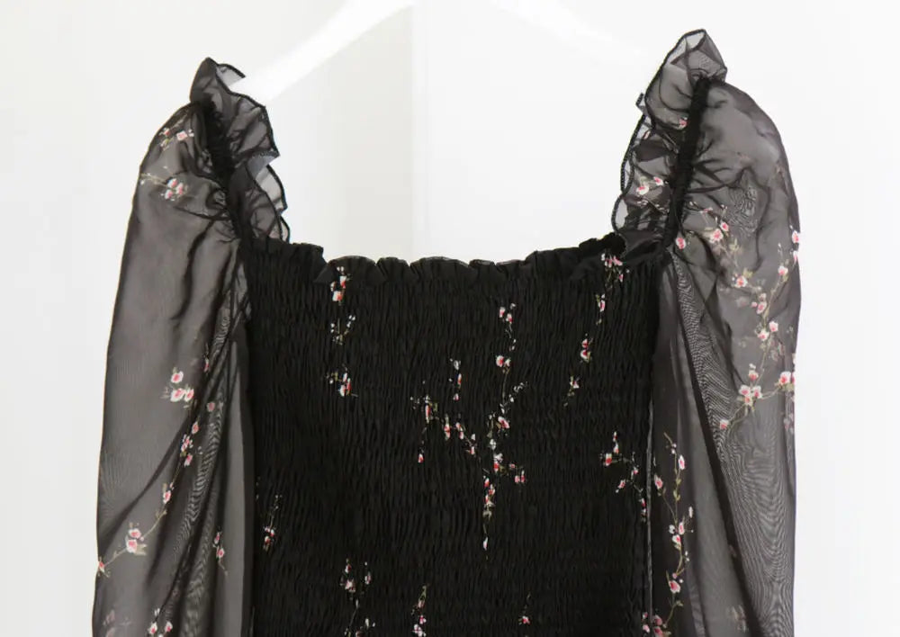 Spring Womens Sexy Black Dress Vintage Flower Long Puff Sleeve Chiffon Dresses Korean Casual Mini Vestidos Mujer Clothes 13676