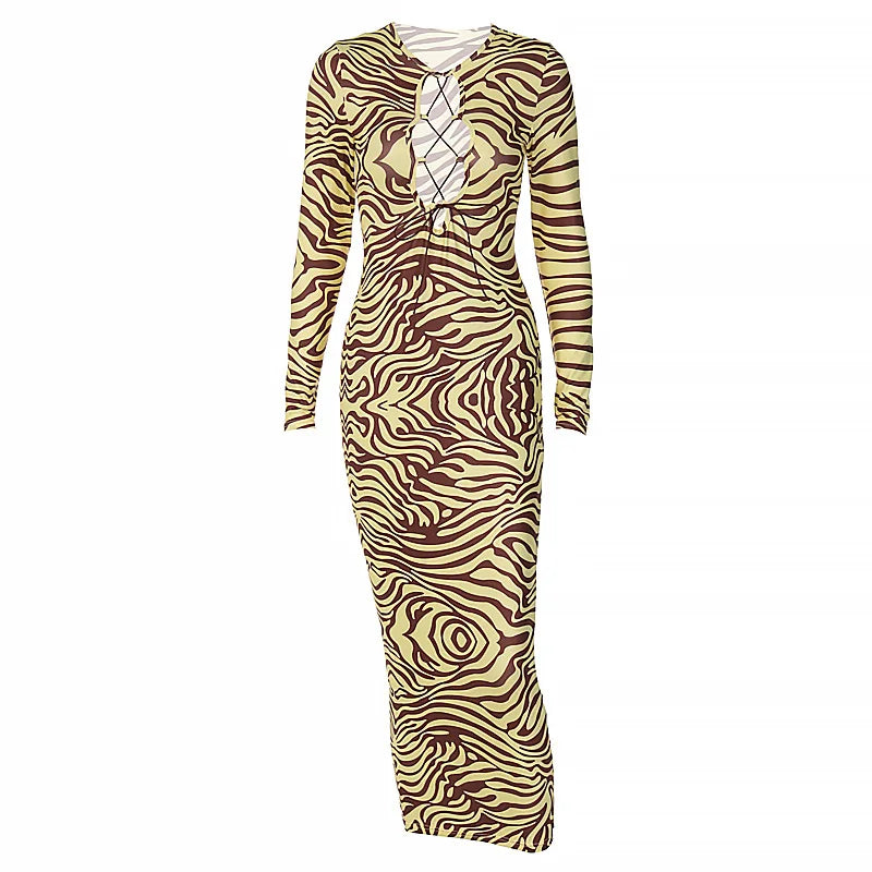 Shestyle Zebra Print Yellow Pencil Long Dresses Women V Neck Corss Hollow OUt Bandage Sexy Bodycon Party Wear Christmas Outfit
