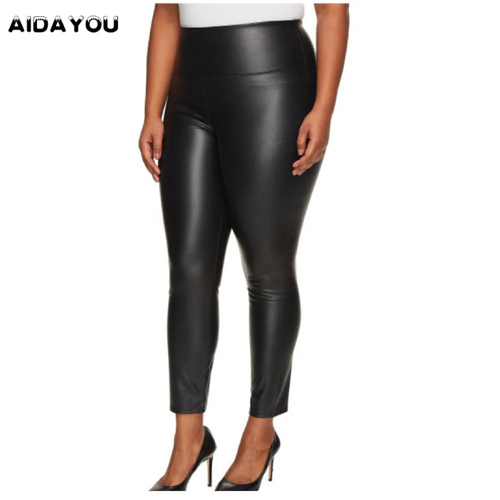 Faux Leather Plus Size Leggings for Women Big Size 5XL 6XL 7XL Black Girls Spandex Clothing Pleather PU Leggings