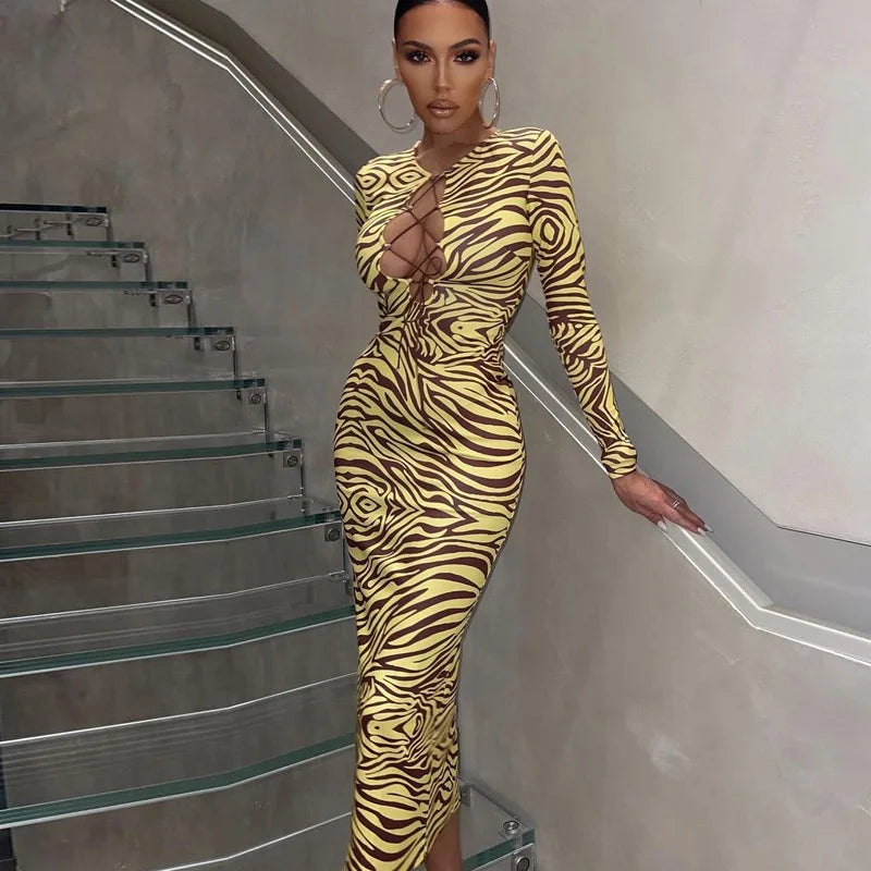 Shestyle Zebra Print Yellow Pencil Long Dresses Women V Neck Corss Hollow OUt Bandage Sexy Bodycon Party Wear Christmas Outfit