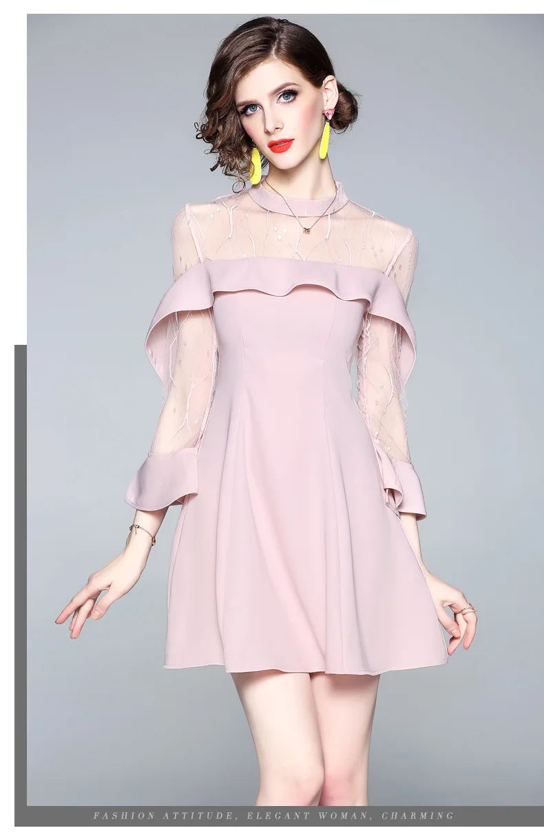 Spring and summer 2023 new women's mesh splicing Ruffle Dress celebrity perspective sheath dresses butterfly sleeve cloth
