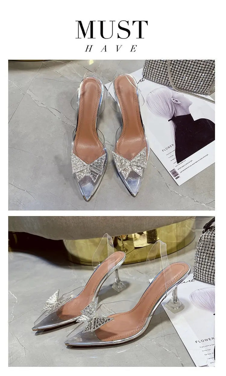 PVC Rhinestone Butterfly Women Sandals High Heels 2021 New Pointy Party Bride Shoes Clear Deisgner Pumps Zapatilla Mujer