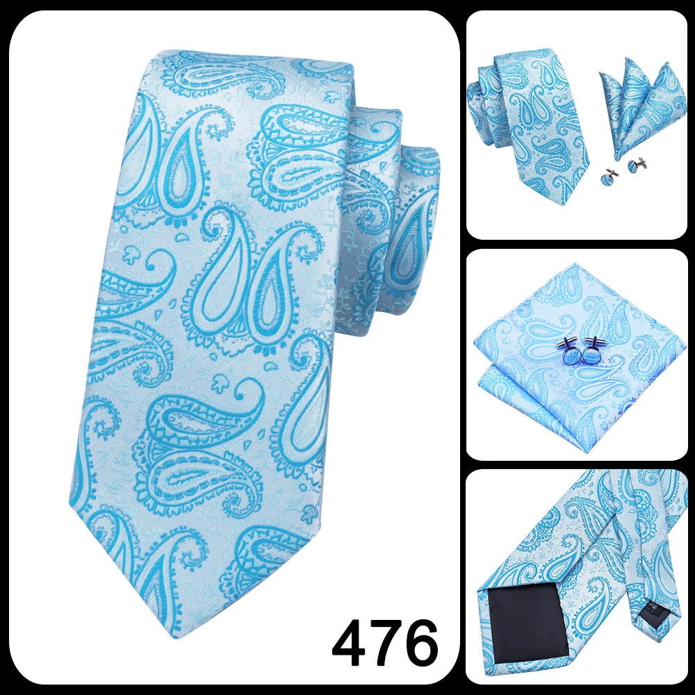 Hi-Tie Light Blue Solid Silk Wedding Nicktie For Men Hanky Cufflink Gift Men Tie Set Business Party Dropshipping Novelty Design