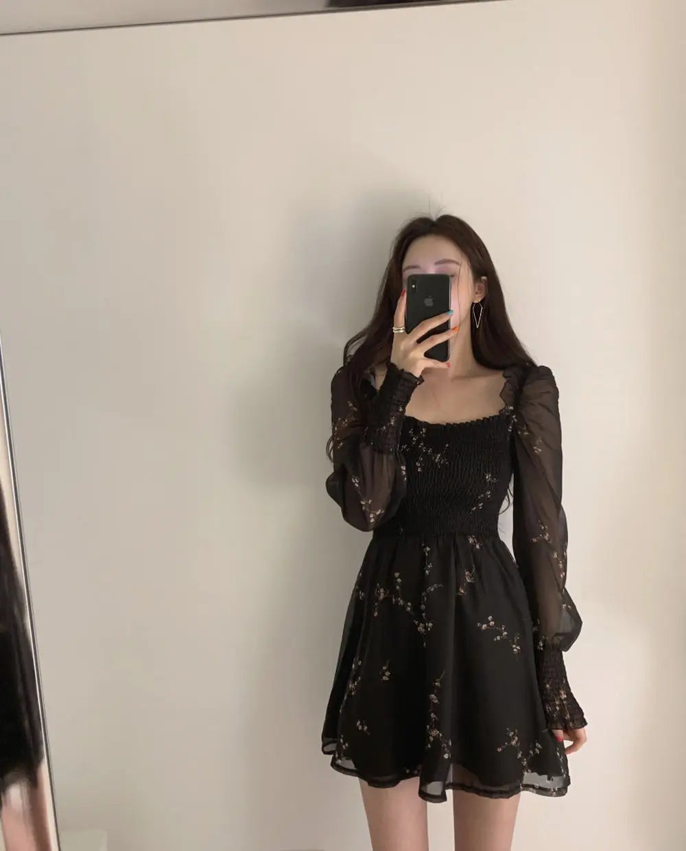 Spring Womens Sexy Black Dress Vintage Flower Long Puff Sleeve Chiffon Dresses Korean Casual Mini Vestidos Mujer Clothes 13676