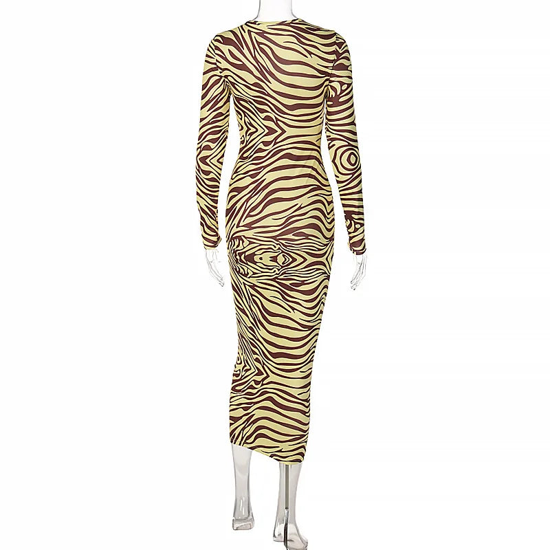 Shestyle Zebra Print Yellow Pencil Long Dresses Women V Neck Corss Hollow OUt Bandage Sexy Bodycon Party Wear Christmas Outfit