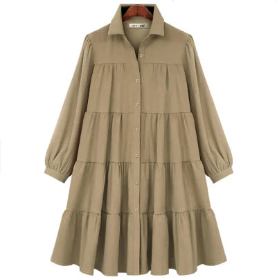 2025 Spring Women Casual Shirt Dresses Loose Office Lady Work Vestidos Soild Color Plus Size 4XL Female Pleated Dress Robe KE211