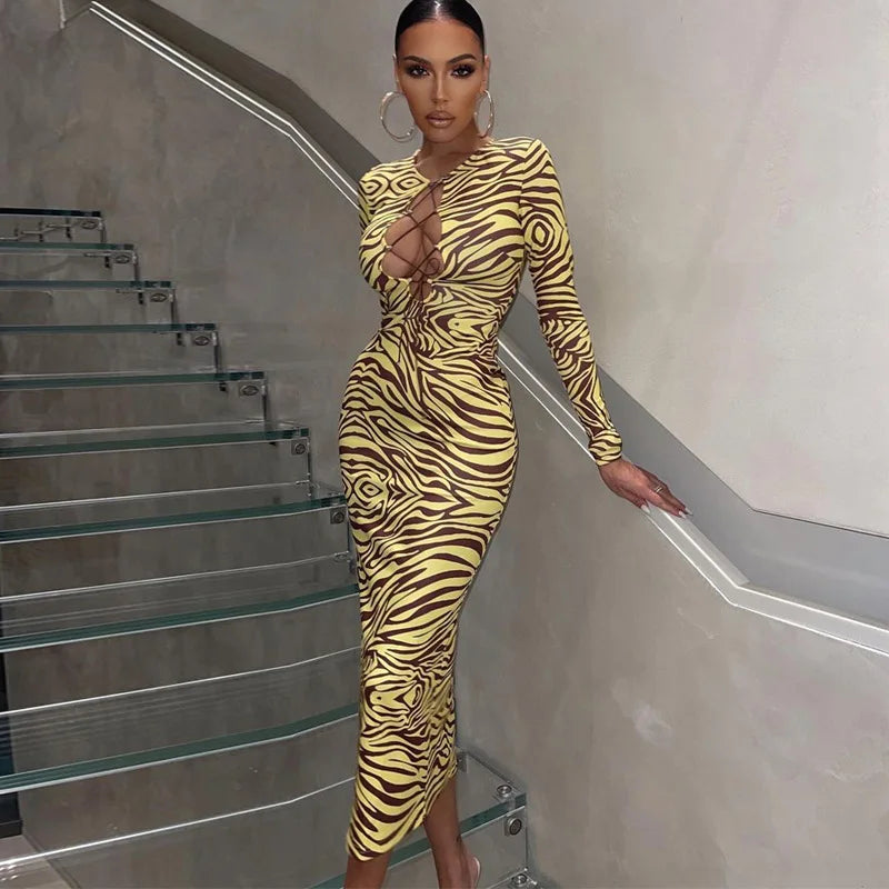 Shestyle Zebra Print Yellow Pencil Long Dresses Women V Neck Corss Hollow OUt Bandage Sexy Bodycon Party Wear Christmas Outfit