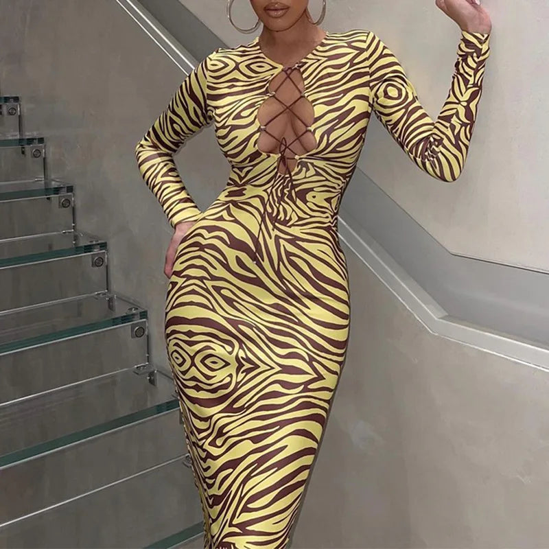 Shestyle Zebra Print Yellow Pencil Long Dresses Women V Neck Corss Hollow OUt Bandage Sexy Bodycon Party Wear Christmas Outfit