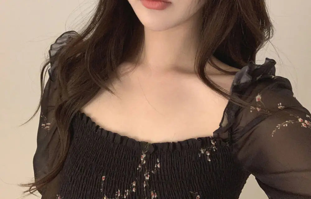 Spring Womens Sexy Black Dress Vintage Flower Long Puff Sleeve Chiffon Dresses Korean Casual Mini Vestidos Mujer Clothes 13676