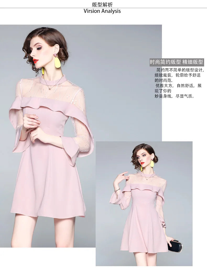 Spring and summer 2023 new women's mesh splicing Ruffle Dress celebrity perspective sheath dresses butterfly sleeve cloth