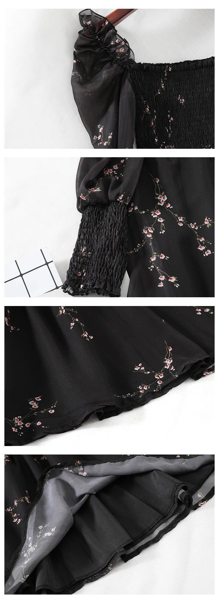 Spring Womens Sexy Black Dress Vintage Flower Long Puff Sleeve Chiffon Dresses Korean Casual Mini Vestidos Mujer Clothes 13676