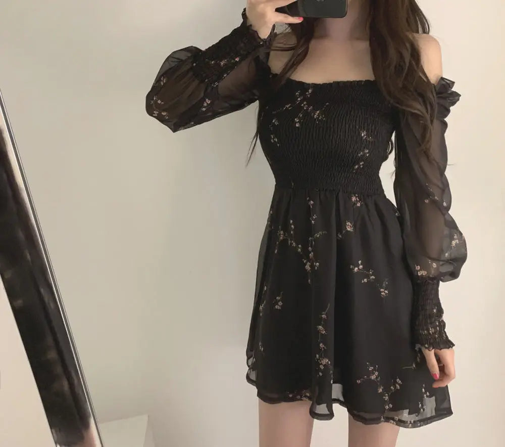 Spring Womens Sexy Black Dress Vintage Flower Long Puff Sleeve Chiffon Dresses Korean Casual Mini Vestidos Mujer Clothes 13676