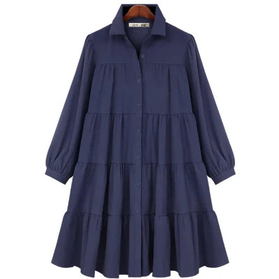2025 Spring Women Casual Shirt Dresses Loose Office Lady Work Vestidos Soild Color Plus Size 4XL Female Pleated Dress Robe KE211