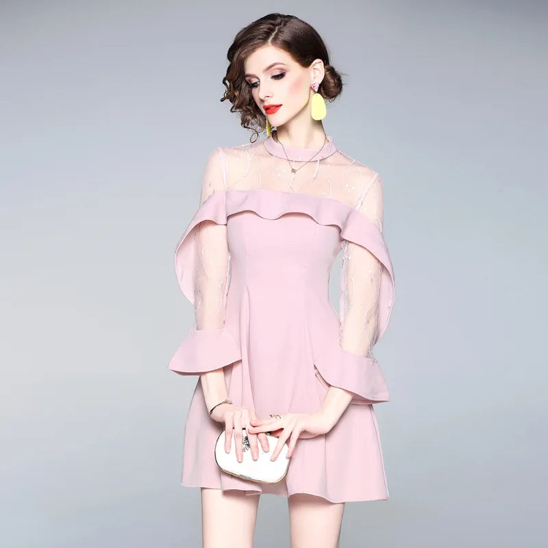 Spring and summer 2023 new women's mesh splicing Ruffle Dress celebrity perspective sheath dresses butterfly sleeve cloth