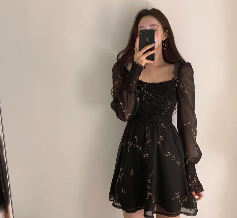 Spring Womens Sexy Black Dress Vintage Flower Long Puff Sleeve Chiffon Dresses Korean Casual Mini Vestidos Mujer Clothes 13676