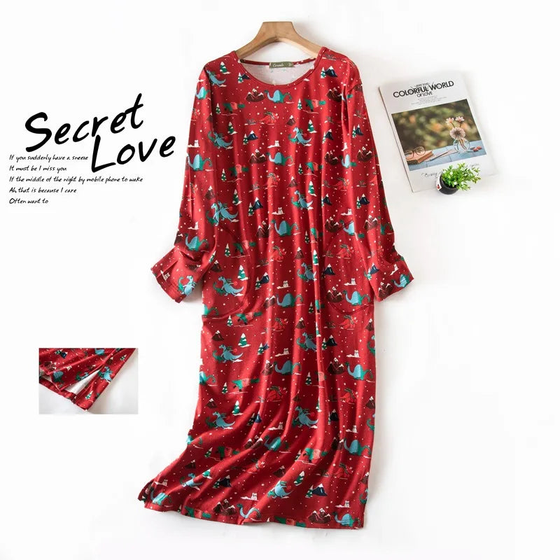 Spring Autumn Female Casual Loose Cartoon Night Dress Ladies 100% Cotton Nightgown Women Long Sleeve Sleepshirts Home Dress
