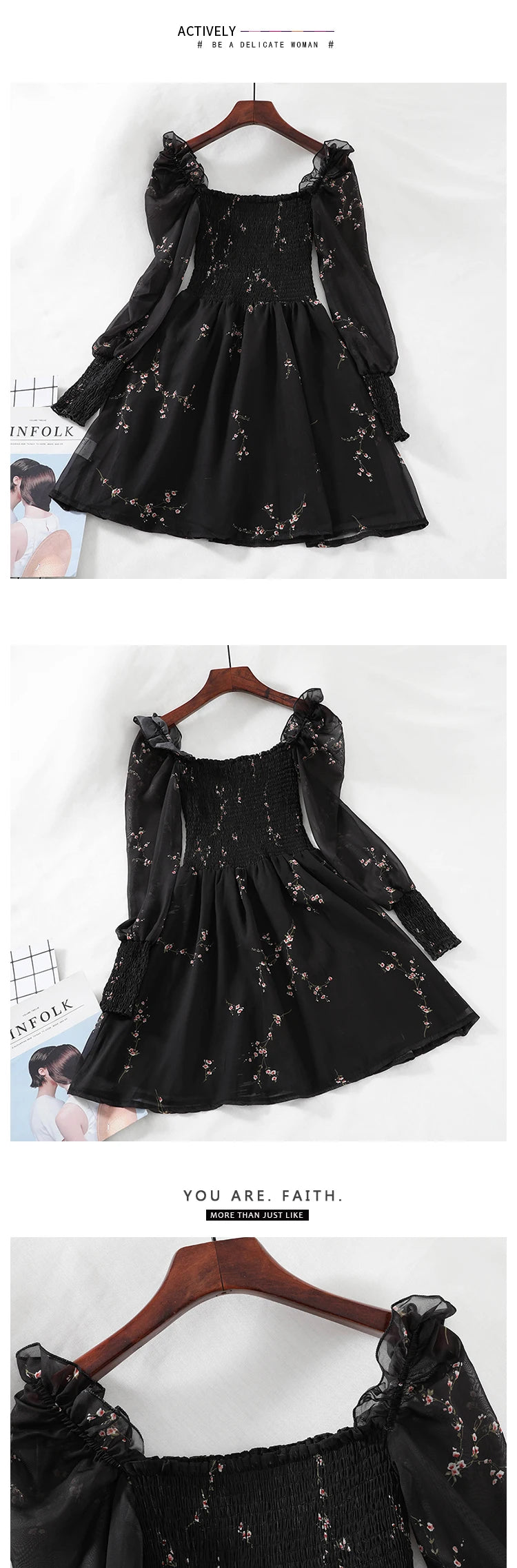 Spring Womens Sexy Black Dress Vintage Flower Long Puff Sleeve Chiffon Dresses Korean Casual Mini Vestidos Mujer Clothes 13676