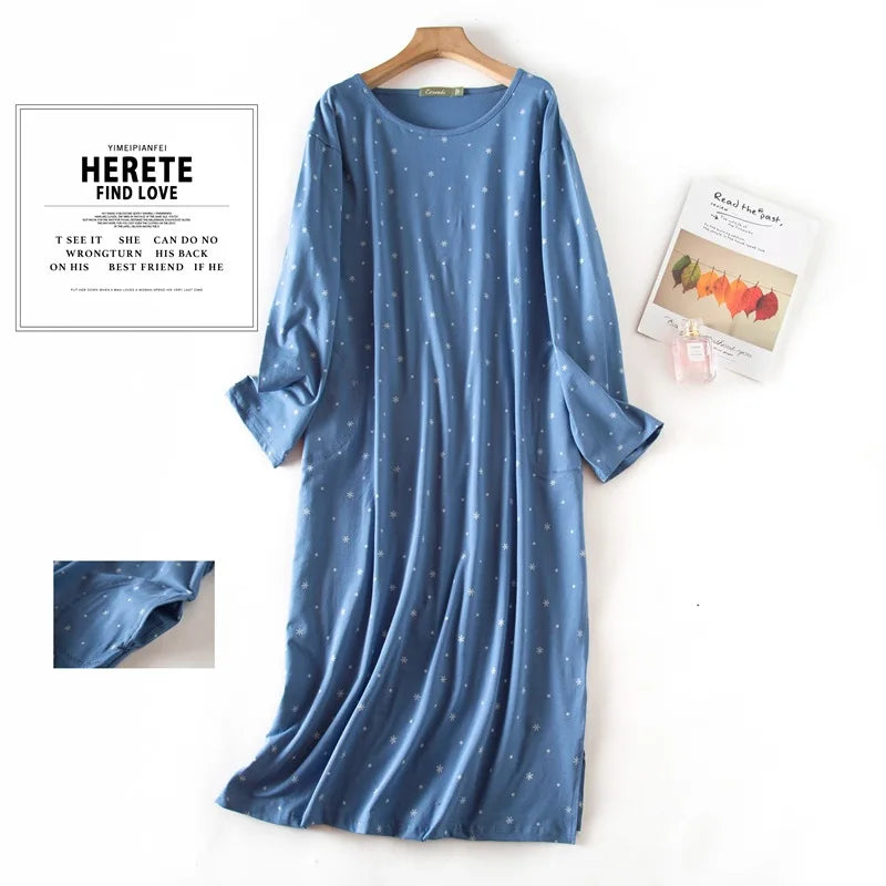 Spring Autumn Female Casual Loose Cartoon Night Dress Ladies 100% Cotton Nightgown Women Long Sleeve Sleepshirts Home Dress