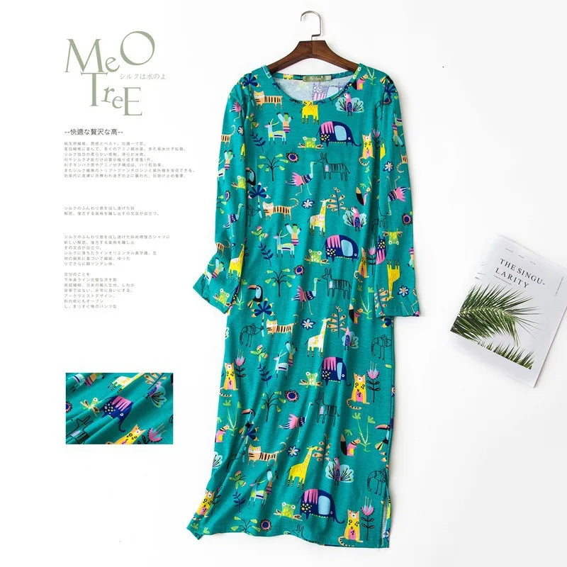 Spring Autumn Female Casual Loose Cartoon Night Dress Ladies 100% Cotton Nightgown Women Long Sleeve Sleepshirts Home Dress