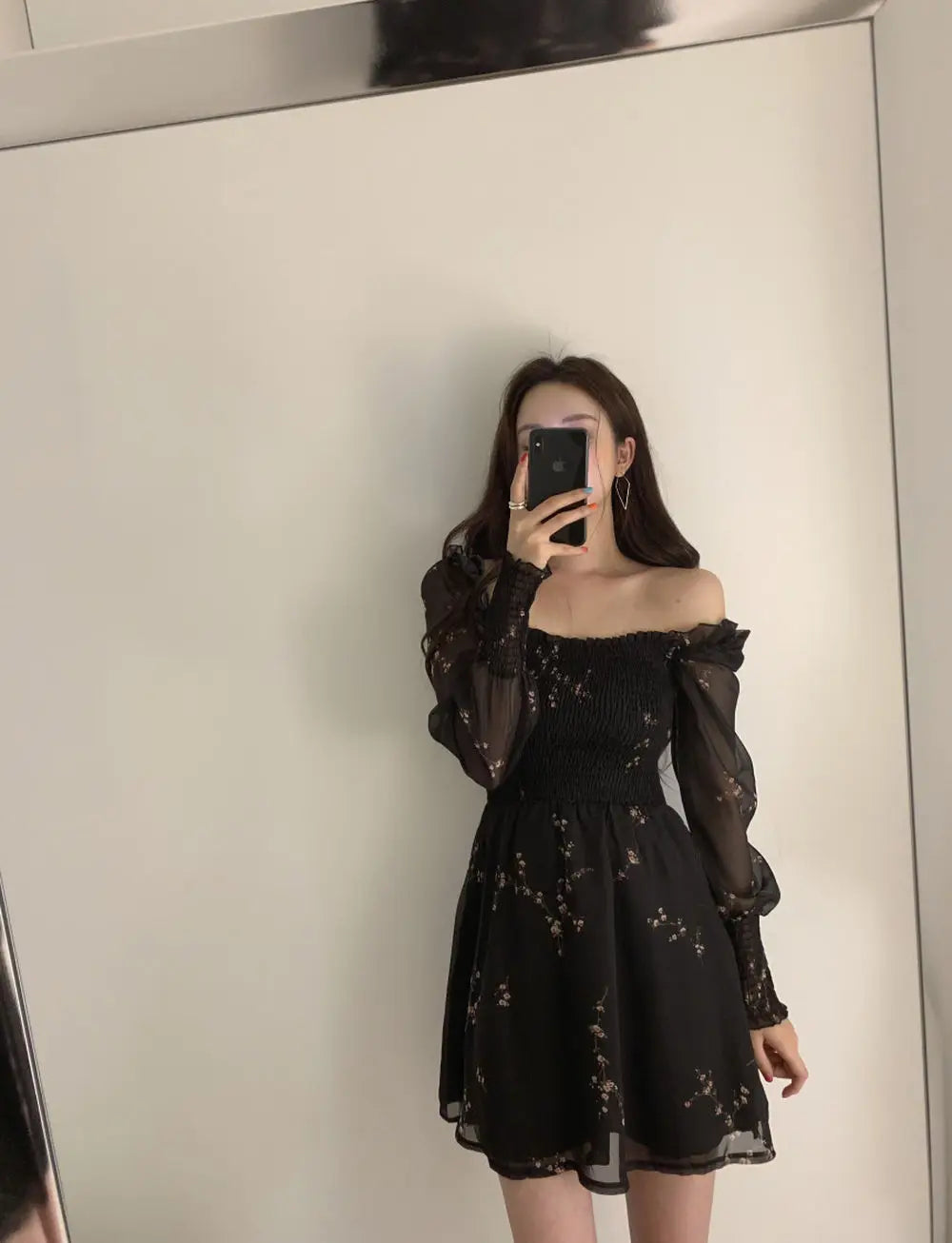 Spring Womens Sexy Black Dress Vintage Flower Long Puff Sleeve Chiffon Dresses Korean Casual Mini Vestidos Mujer Clothes 13676