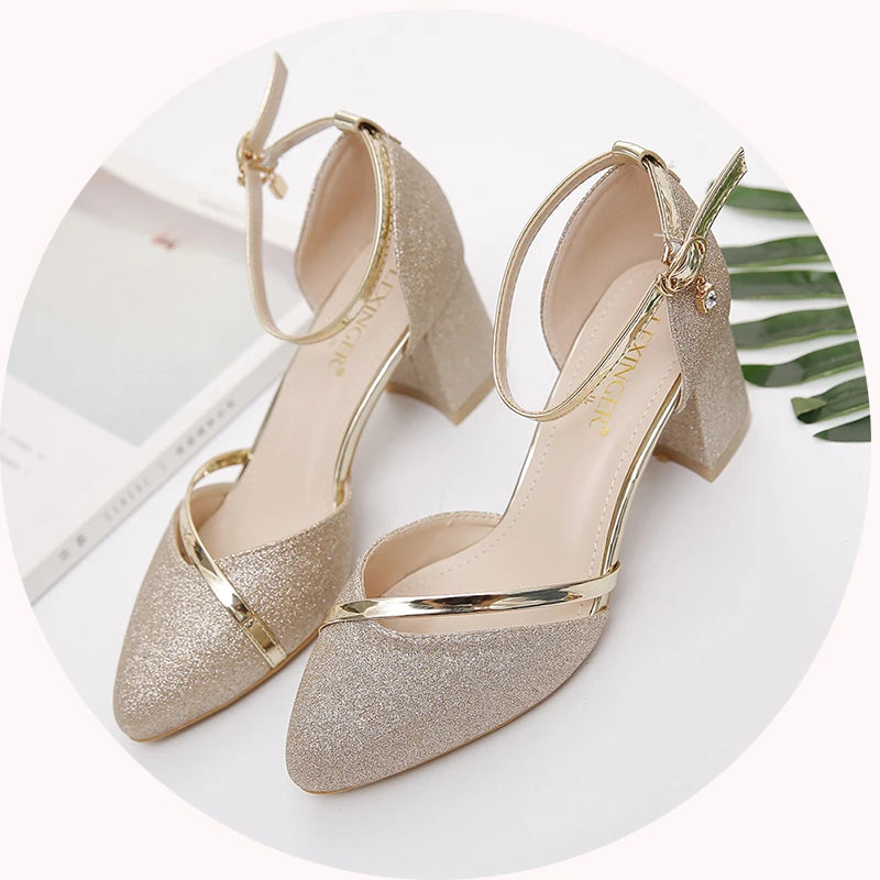 Cresfimix bridal sexy wedding party square heel pumps for ladies women fashion golden high heel shoes silver high heels a5574