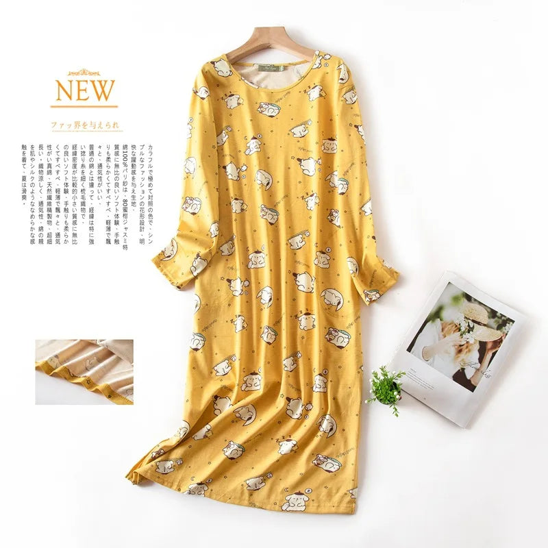 Spring Autumn Female Casual Loose Cartoon Night Dress Ladies 100% Cotton Nightgown Women Long Sleeve Sleepshirts Home Dress
