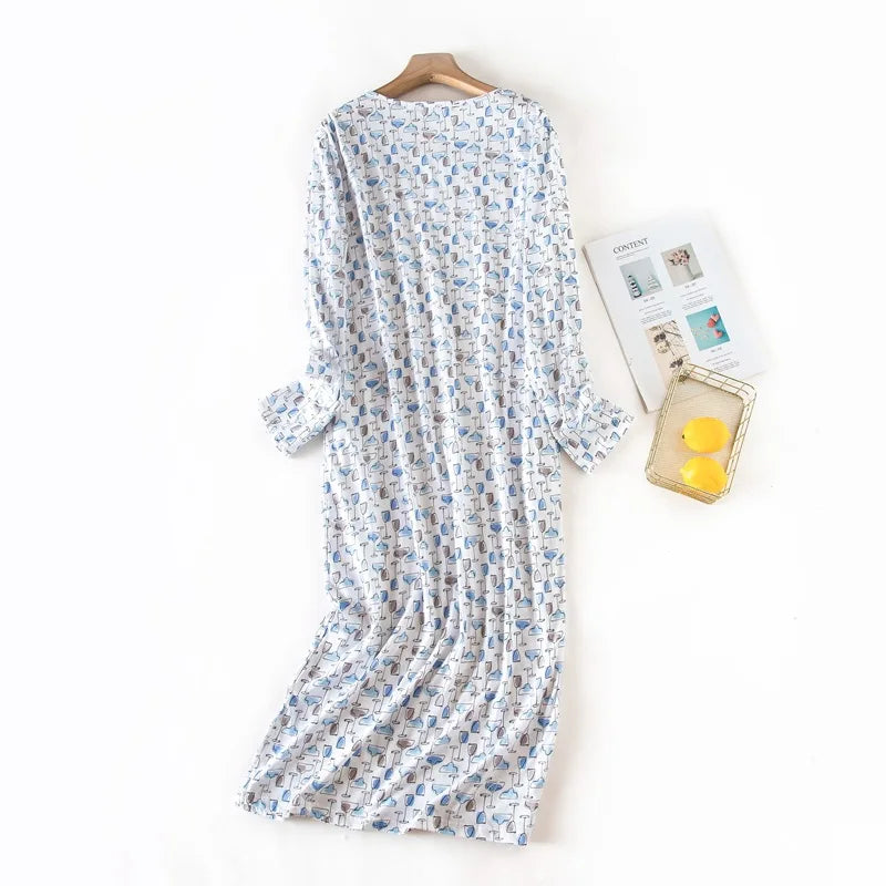 Spring Autumn Female Casual Loose Cartoon Night Dress Ladies 100% Cotton Nightgown Women Long Sleeve Sleepshirts Home Dress