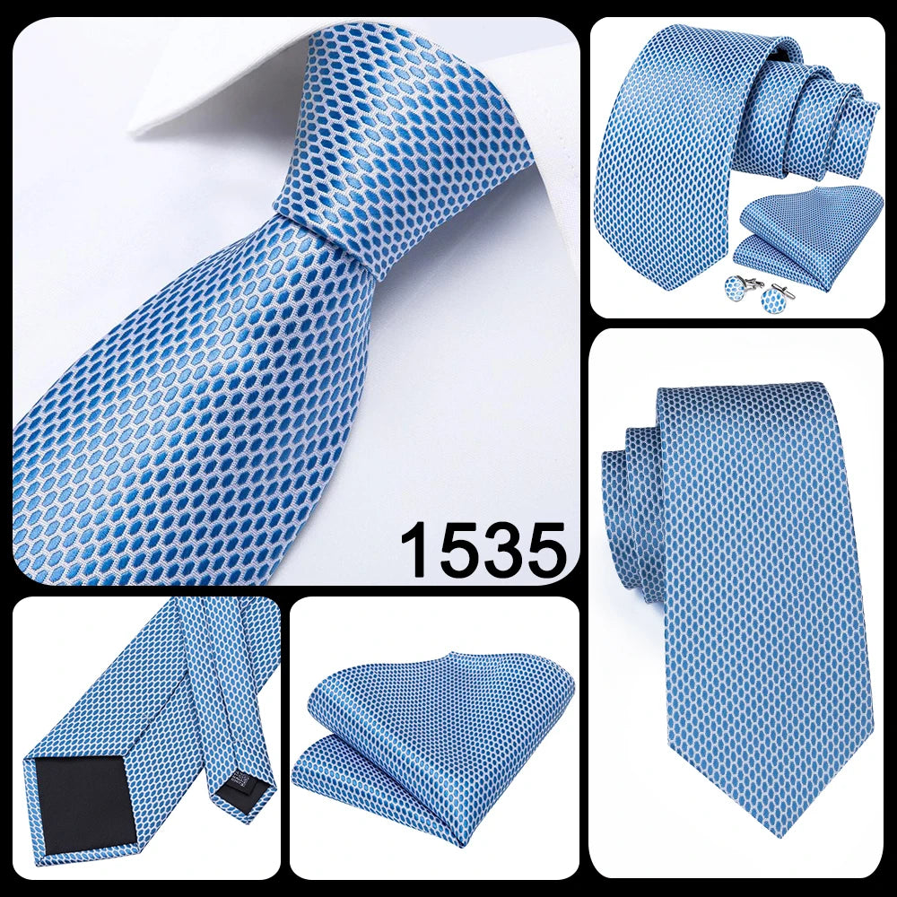 Hi-Tie Light Blue Solid Silk Wedding Nicktie For Men Hanky Cufflink Gift Men Tie Set Business Party Dropshipping Novelty Design