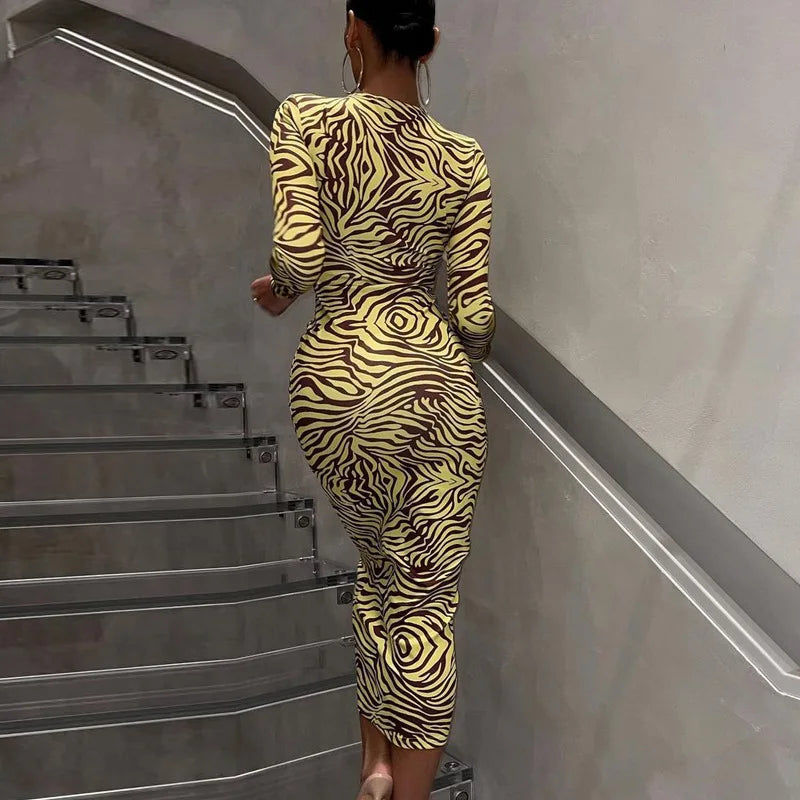 Shestyle Zebra Print Yellow Pencil Long Dresses Women V Neck Corss Hollow OUt Bandage Sexy Bodycon Party Wear Christmas Outfit