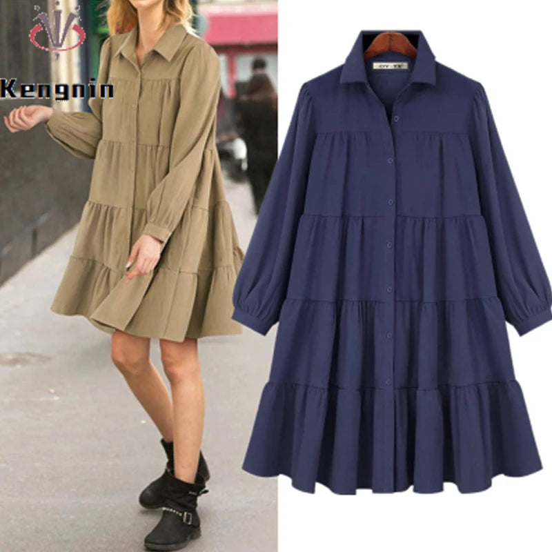 2025 Spring Women Casual Shirt Dresses Loose Office Lady Work Vestidos Soild Color Plus Size 4XL Female Pleated Dress Robe KE211