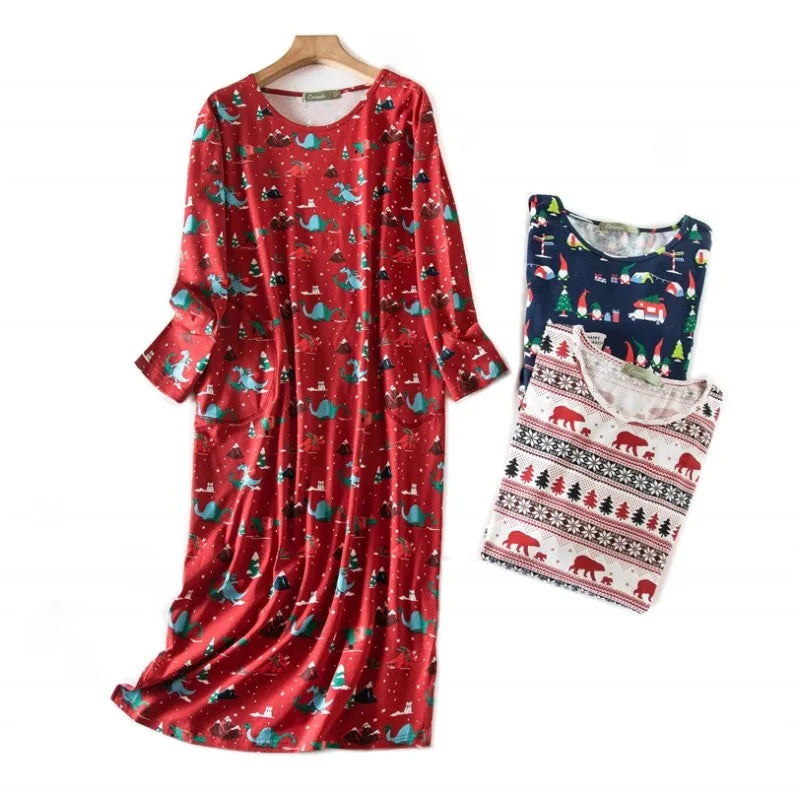 Spring Autumn Female Casual Loose Cartoon Night Dress Ladies 100% Cotton Nightgown Women Long Sleeve Sleepshirts Home Dress