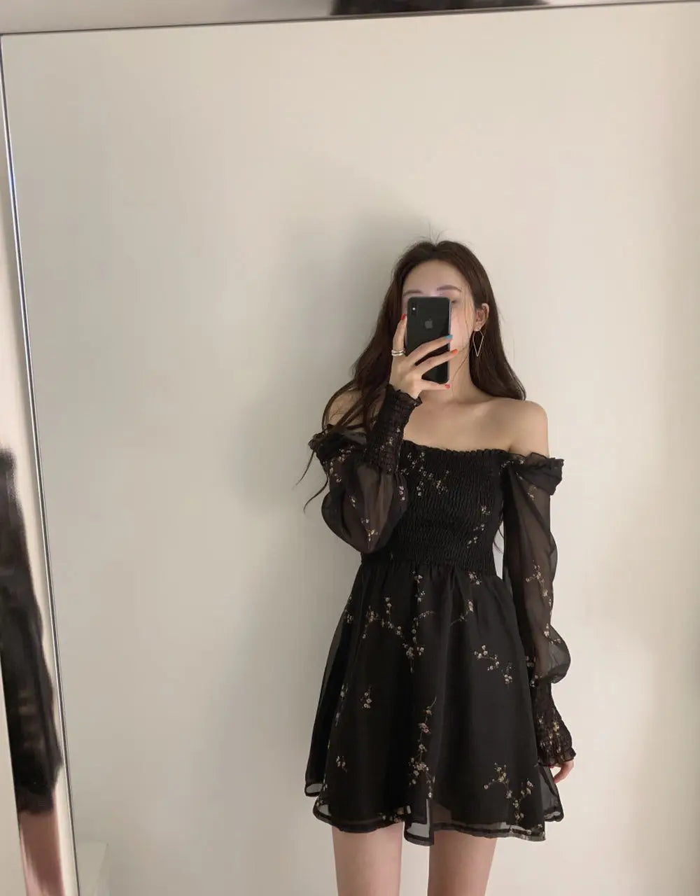 Spring Womens Sexy Black Dress Vintage Flower Long Puff Sleeve Chiffon Dresses Korean Casual Mini Vestidos Mujer Clothes 13676
