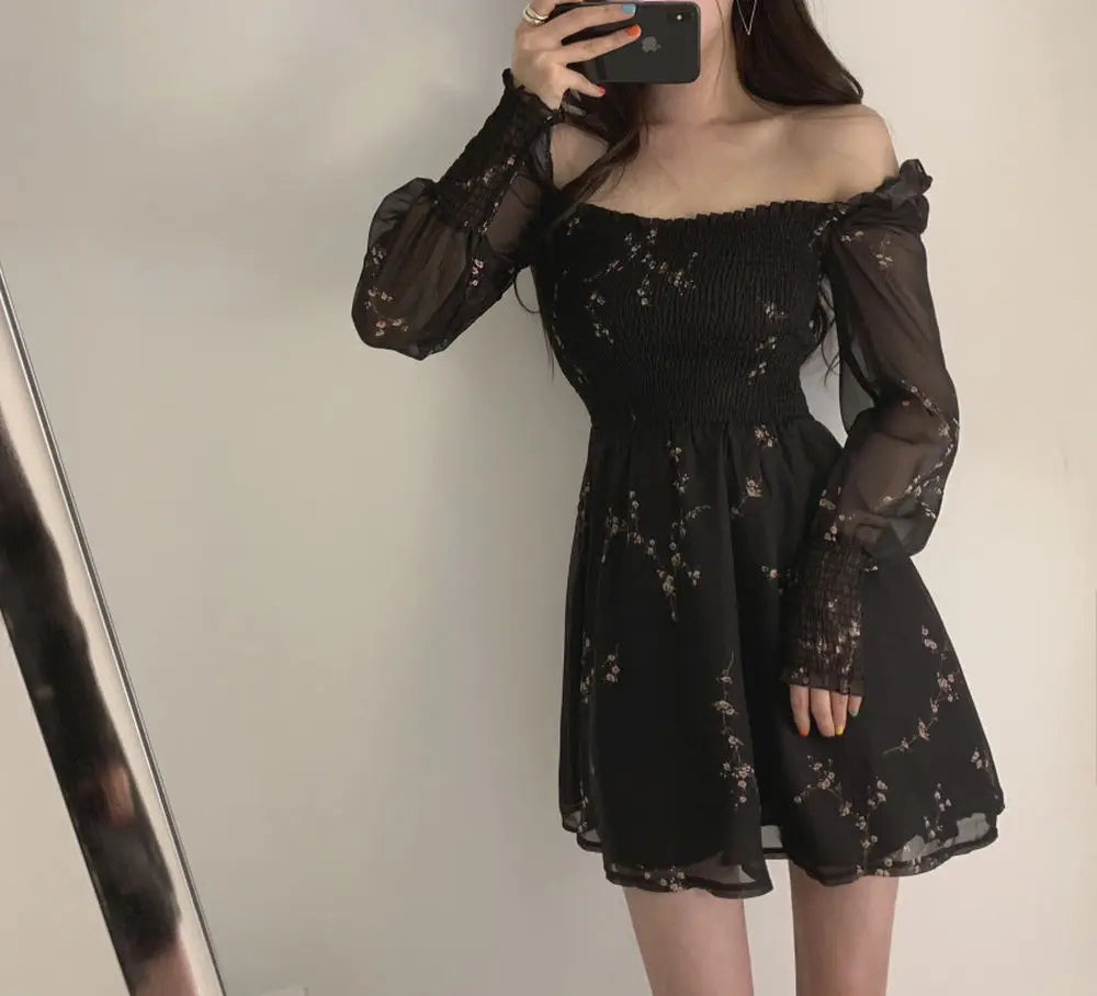 Spring Womens Sexy Black Dress Vintage Flower Long Puff Sleeve Chiffon Dresses Korean Casual Mini Vestidos Mujer Clothes 13676
