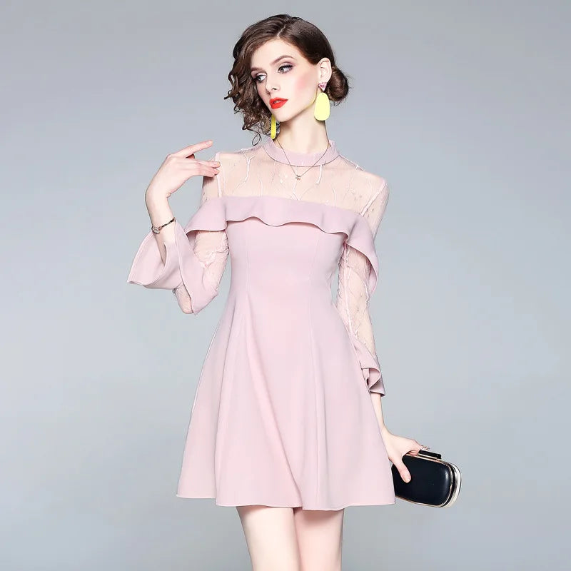Spring and summer 2023 new women's mesh splicing Ruffle Dress celebrity perspective sheath dresses butterfly sleeve cloth